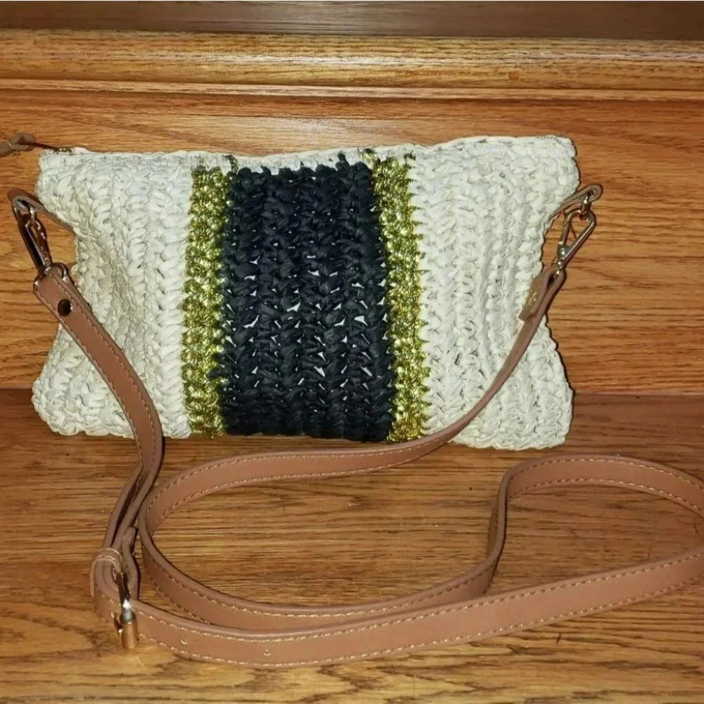 INC black/cream/gold straw colorblock crossbody bag with tan strap